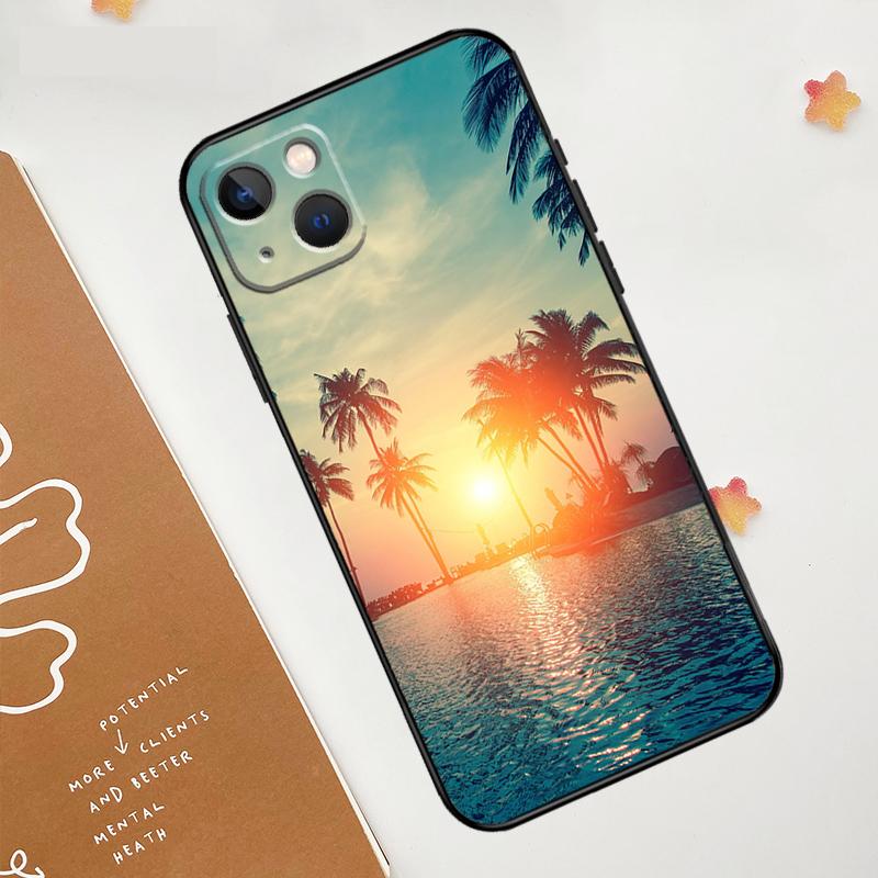 

Summer Beach Sunset Palm Tree Case For iPhone 13 12 11 14 15 16 Pro Max Mini XR XS X Plus Silicone Bumper Cover Capa iPhone 13 mini