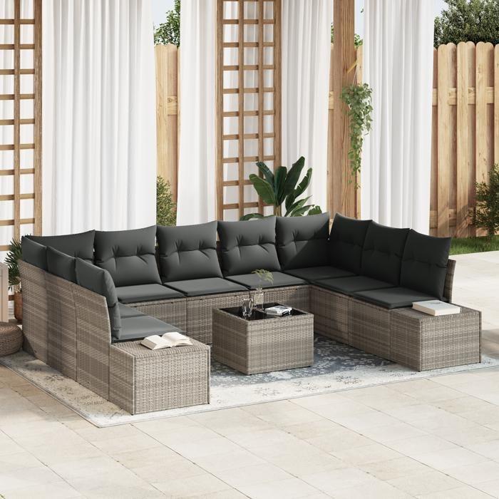 VidaXL Canapé de jardin 10 pièces avec coussins gris poly rattan 3347232
