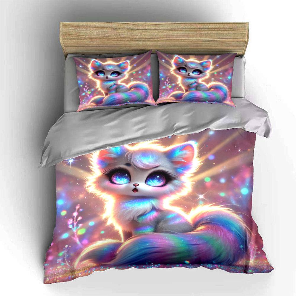 Dreamy Colorful Glowing Cat Duvet Cover Set With 3D Printing Design Soft Polyester Bedding Set All-Season Comfort For Gifts