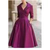 Women's Collared V Neck Long Sleeve Midi Dress Slim Fit Elegant Pleated A Line Formal Swing Dress
