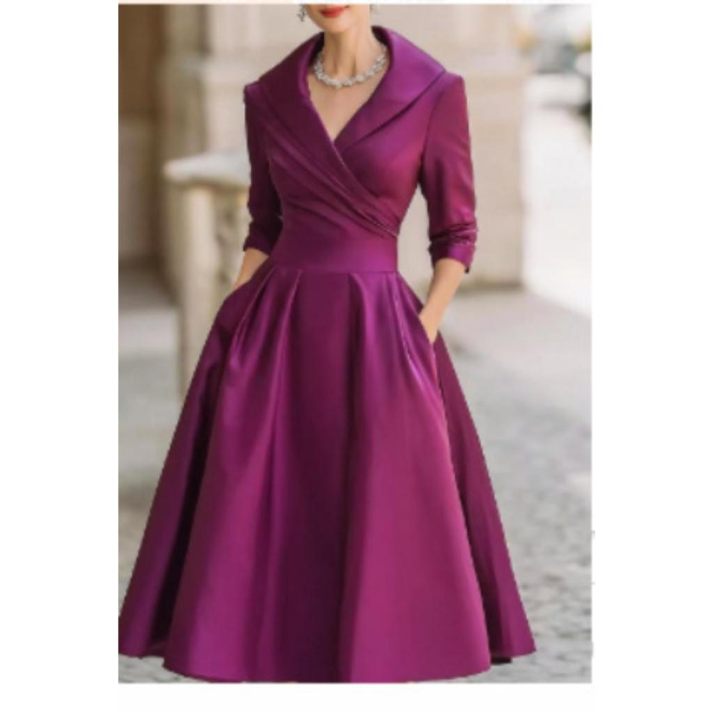 Women's Collared V Neck Long Sleeve Midi Dress Slim Fit Elegant Pleated A Line Formal Swing Dress
