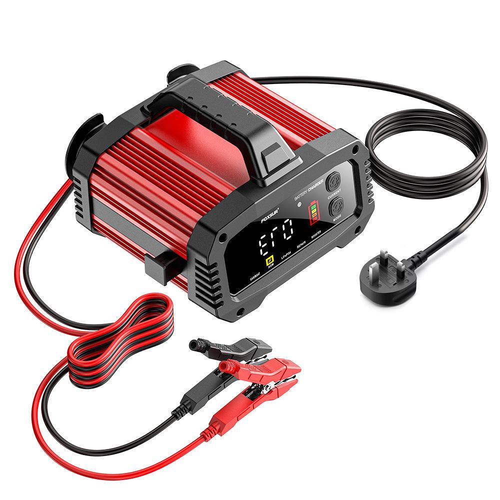 FOXSUR 25A Tragbares Dual-Spannungs-Ladegerät für Blei-Säure- & Lithium-Eisen-Batterien (12V / 24V) für Autos, Boote und Motorräder