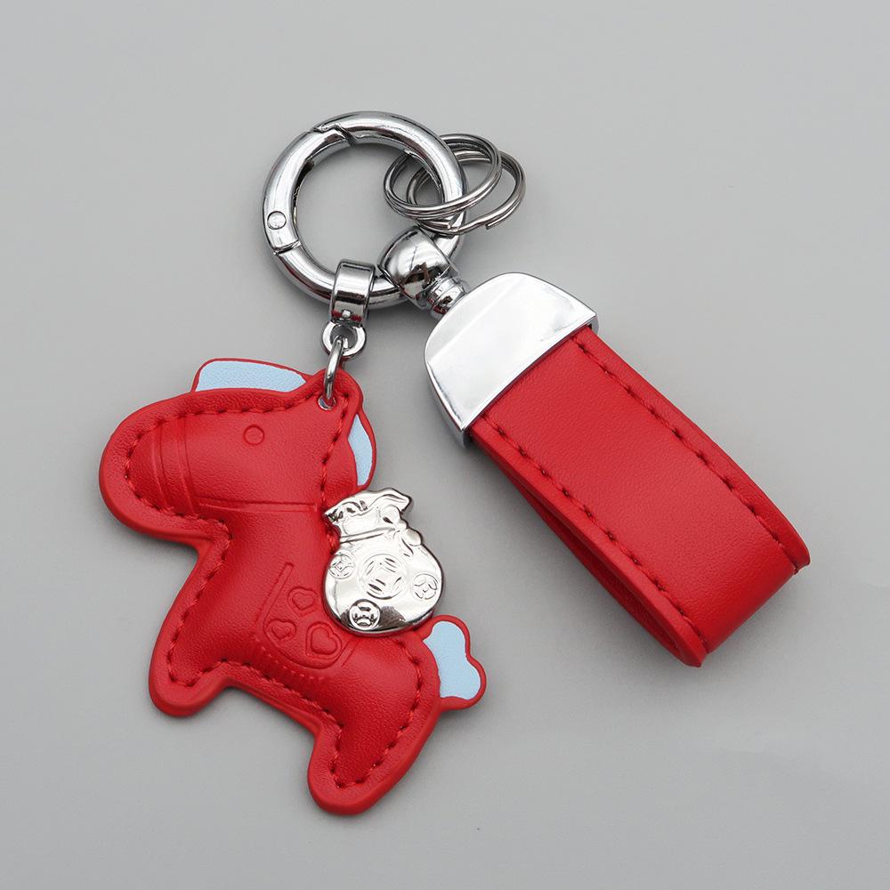 Instant Wealth Leather Keychain with Cartoon Pony Pendant for Couples – Trendy Bag and Car Accessory