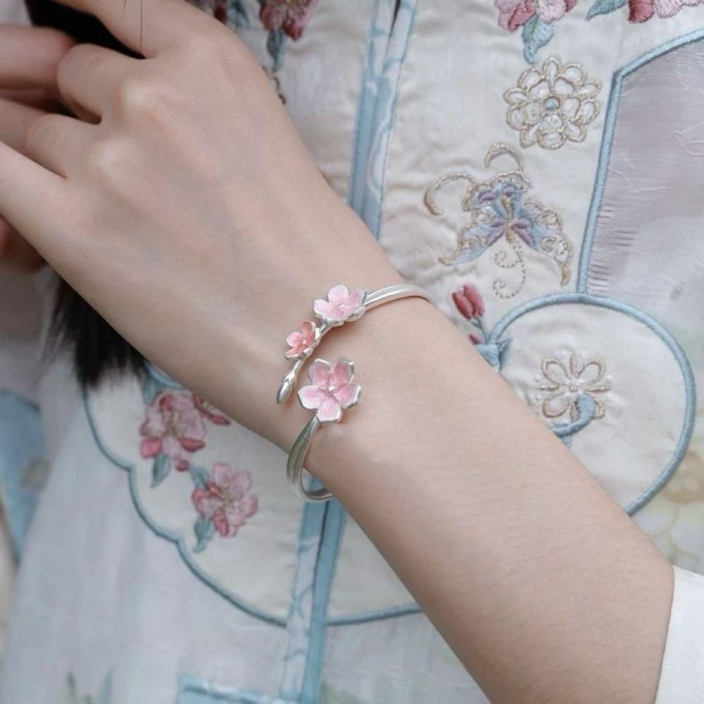 Sweet Pink Cherry Blossom Ring Drop Oil Design Flower Bracelet Fashion Open Adjustable Ring Party