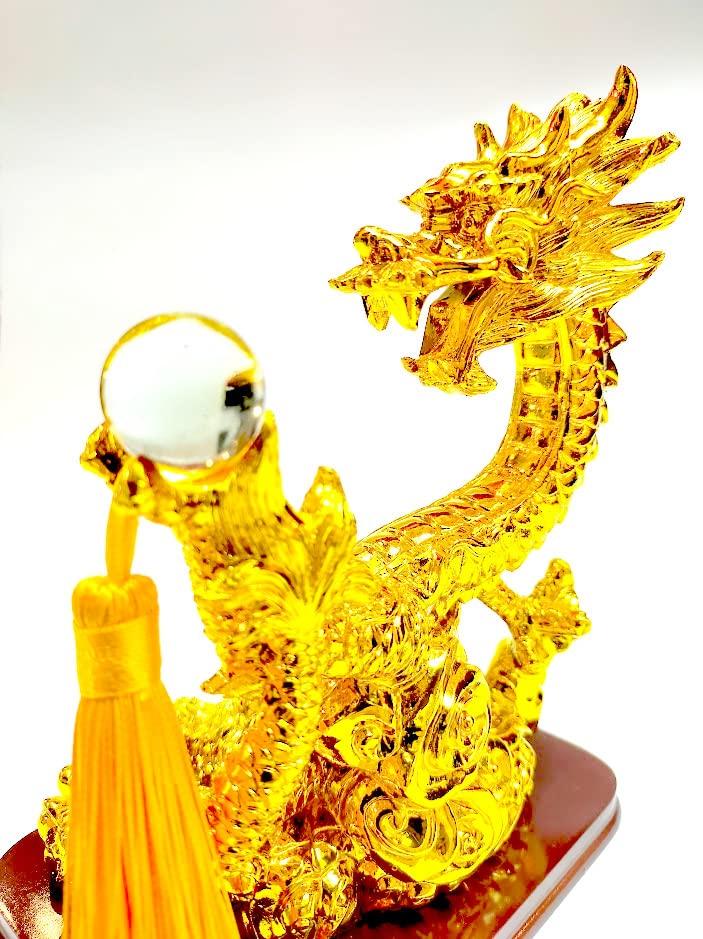 Golden Rising Dragon Figurine with Crystal Ball for Good Fortune and Strong Luck