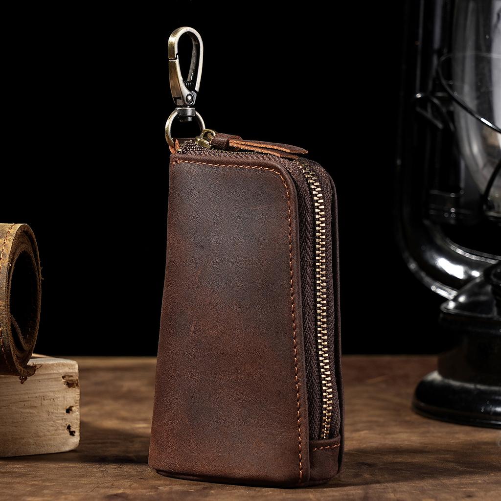Carabiner-Attachable Crazy Horse Leather Key Pouch, Vintage Bucket Zipper Key Holder, Bag-Mountable Key Organizer Wallet Unisex