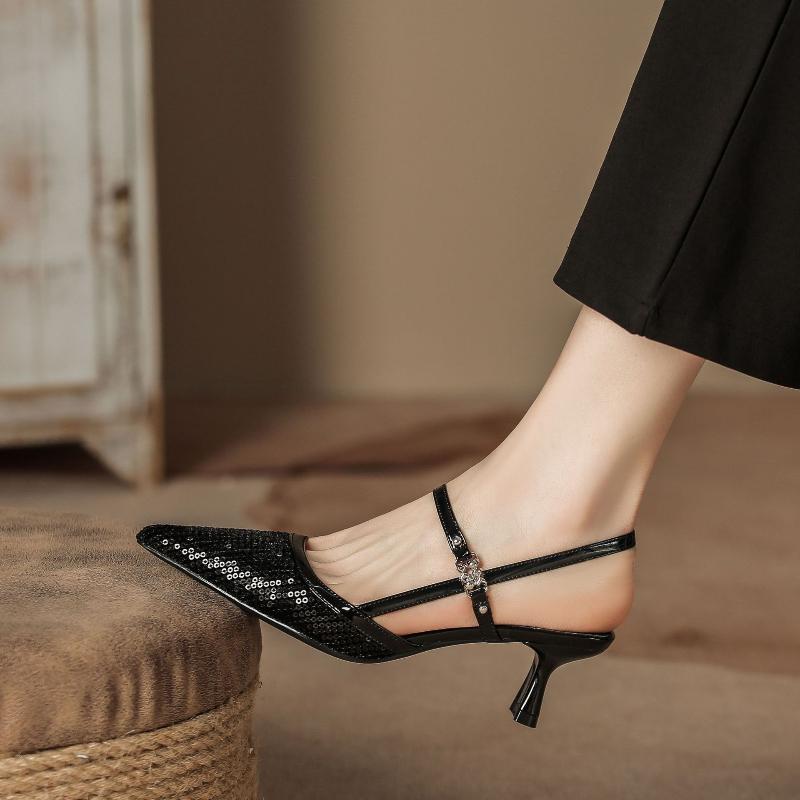 Summer Women High Heel Sandals H963-1 Black Semi Covered Toe Stiletto Pearl Accent Lambskin Insole Shoes