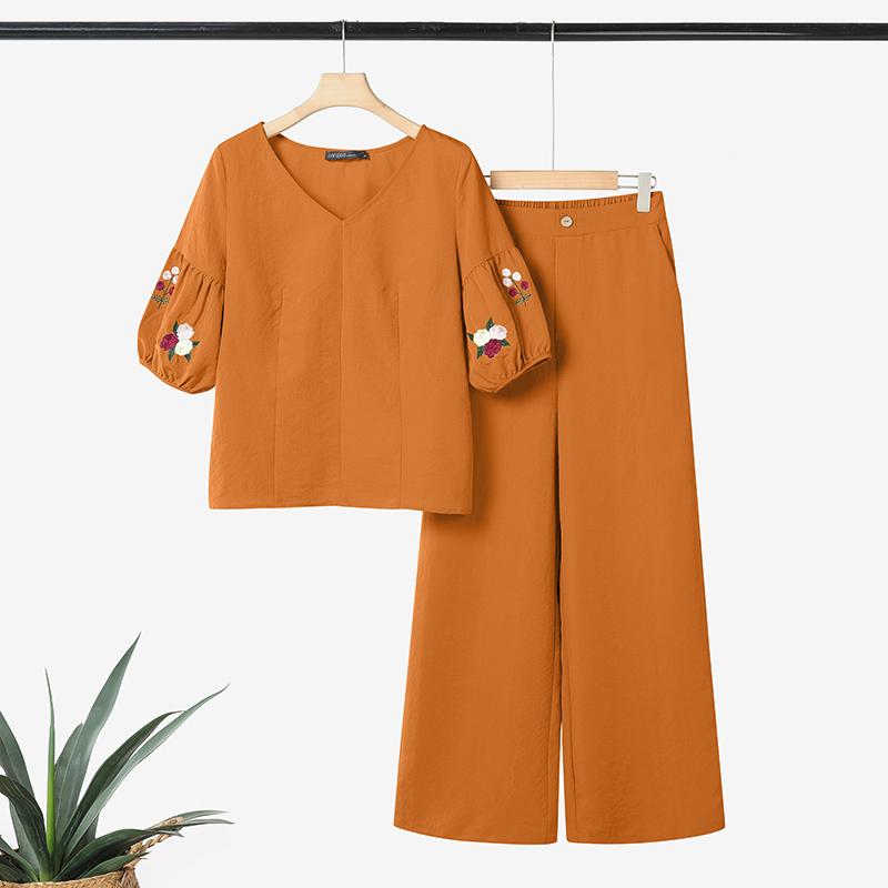 

ZANZEA Женский Летний Блузка с Полурукавом и Брюки Повседневные Комплекты из Двух Предметов 4XL оранжевый