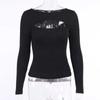 Autumn Fashion Women Sexy Hollow Out Slim Fit Long Sleeve Casual Round Neck Shirt Solid Black Tops T Shirt 5 Colors