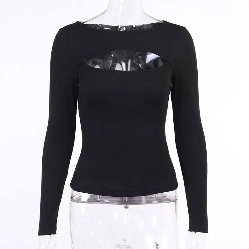 Autumn Fashion Women Sexy Hollow Out Slim Fit Long Sleeve Casual Round Neck Shirt Solid Black Tops T Shirt 5 Colors
