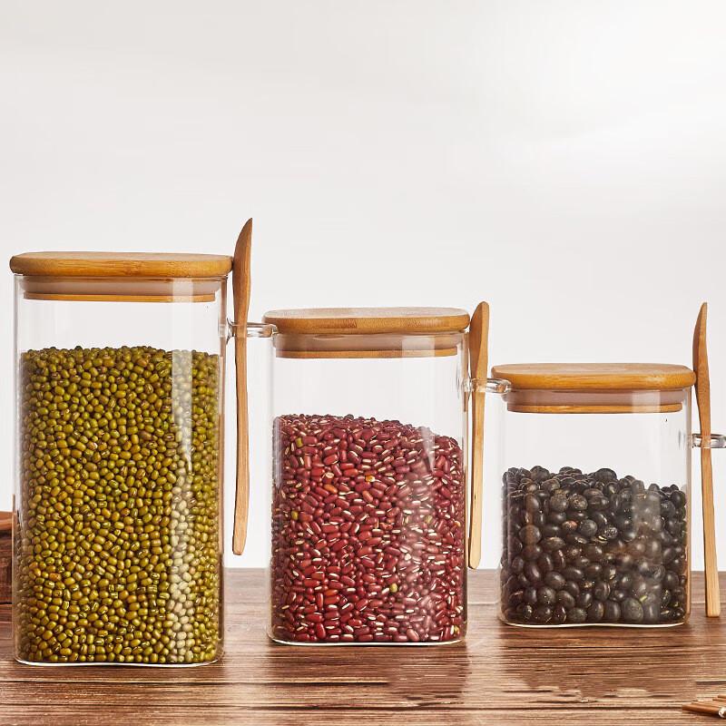 ZISIZ Square Glass Storage Jar with Wooden Lid & Spoon