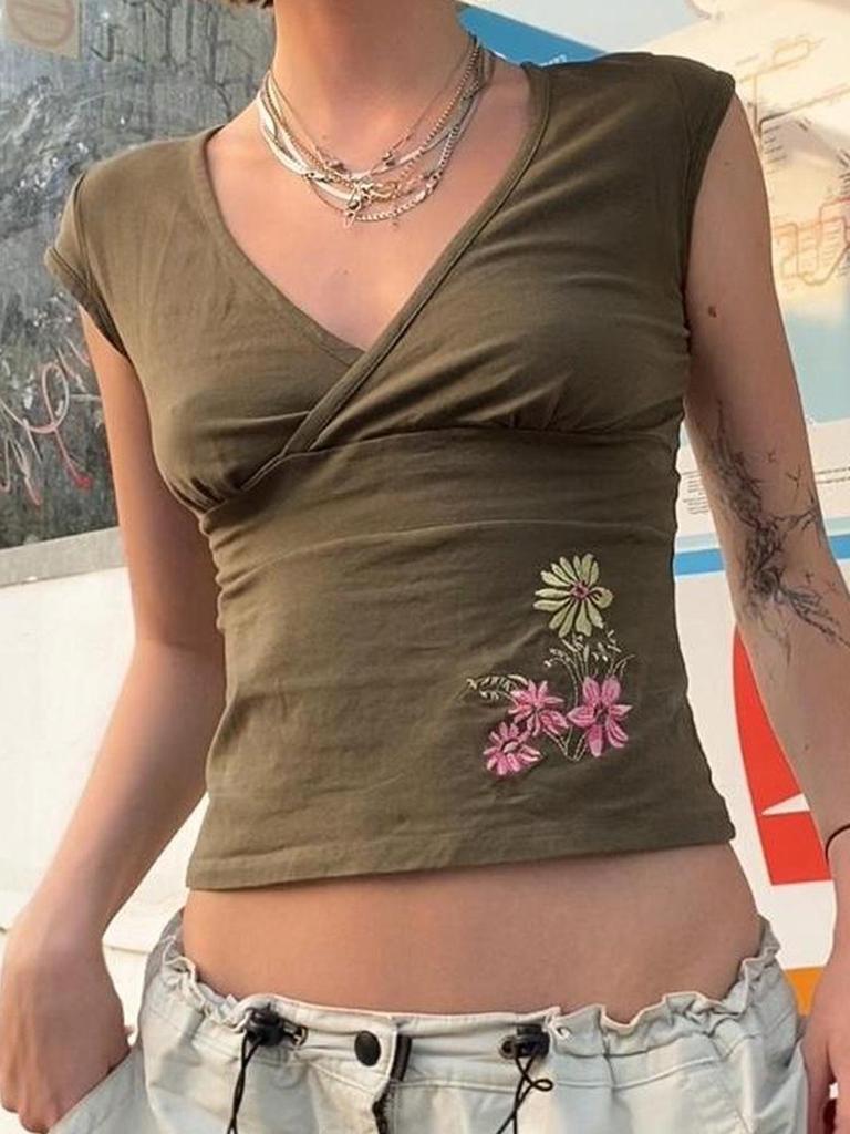 2026 Šik květinový úzký crop top s výstřihem do V a výšivkou pro ženy - Jaro/Léto Sladký a pikantní design