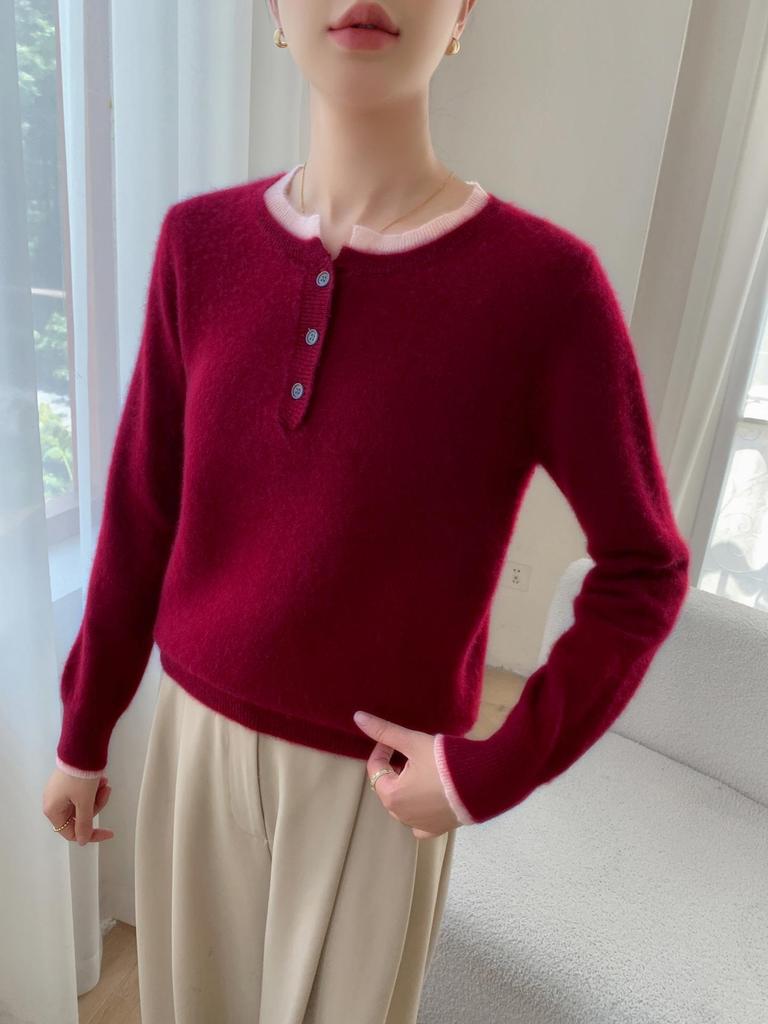 Women's Color Block Cashmere Sweater - Round Neck, Buttoned, Loose Fit, Long Sleeve, Autumn/Winter Collection