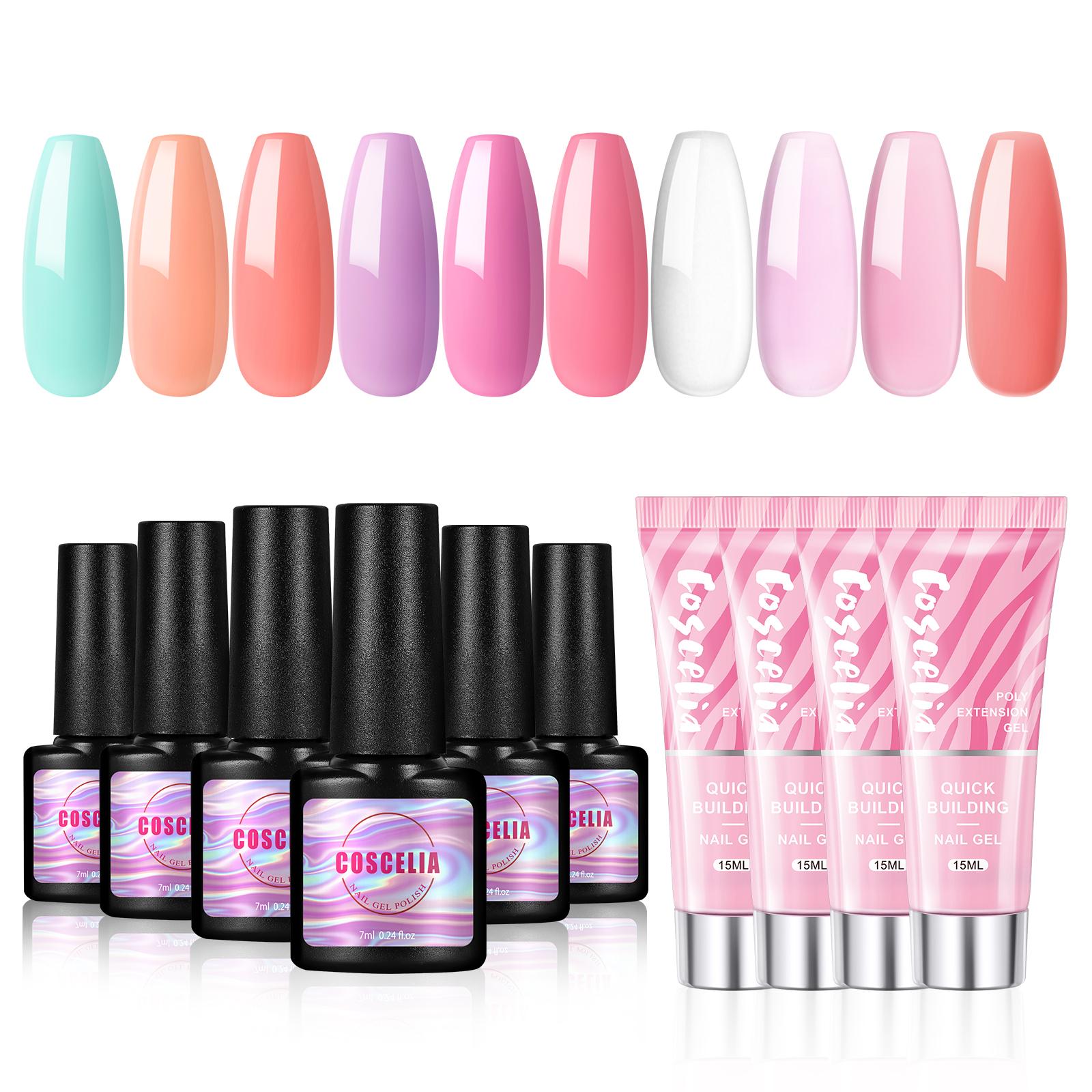 

Набор гелей для ногтей COSCELIA, 10 шт., цветной гель-лак для ногтей и 15 мл поли-гель для наращивания, полуперманентный замачиваемый УФ-гель, инструменты для дизайна ногтей