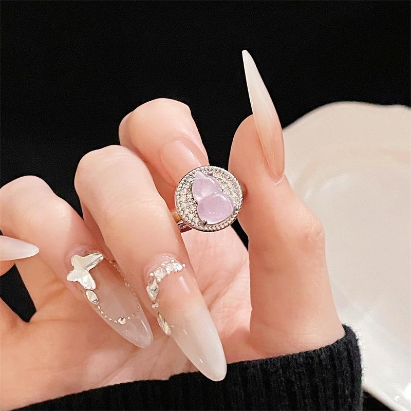 Violet Imitation Jade Gourd Open Ring With Diamonds Niche Design Light Luxury Unique High-End Sense Retro Ring Women