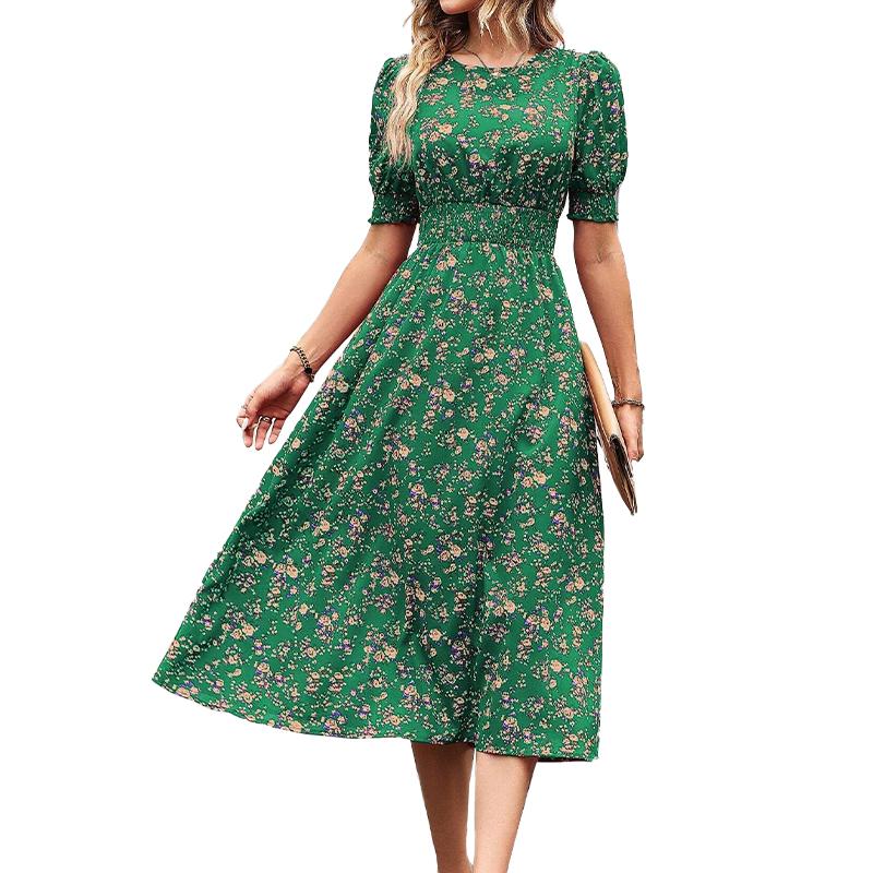 

1 шт. Макси-юбка на талии Летнее женское длинное платье с пышными рукавами Эластичный шифоновый топ с цветочным принтом Круглый вырез L зелёный