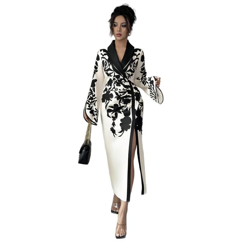 Womens Elegant French Floral Print Cross-Neck Long Sleeve Maxi Dress With High Waist Side Slit
