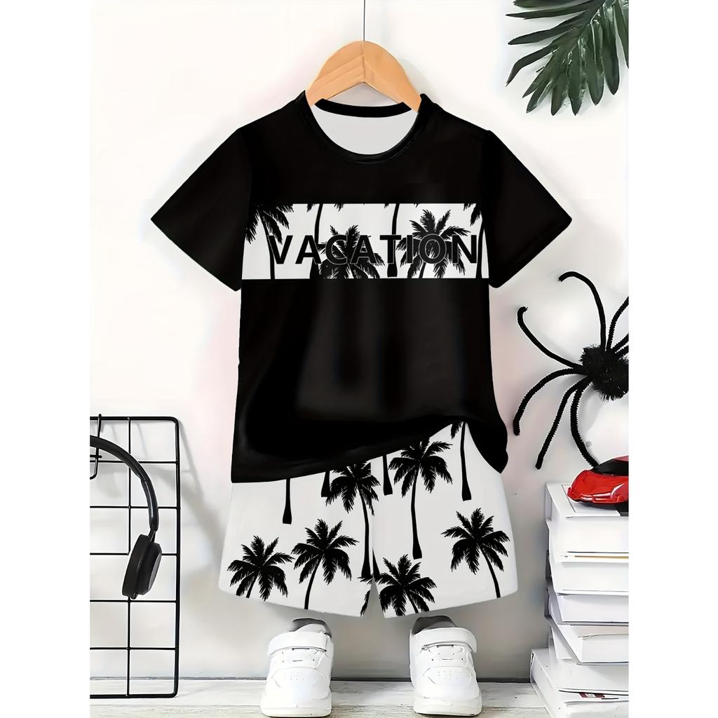 Summer 2026 New Children's Casual Short-sleeved Set, Coconut Tree Sailboat Printed Round-neck