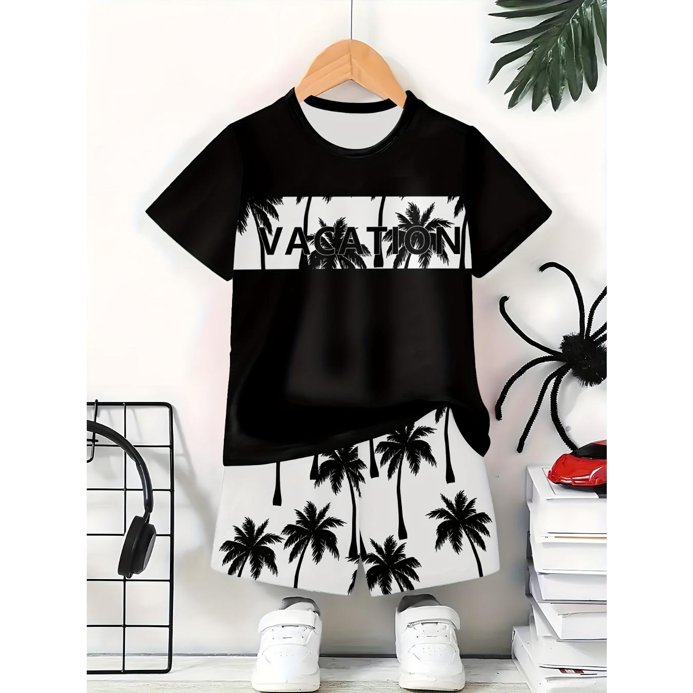 

Summer 2025 new children s casual short-sleeved set, coconut tree sailboat printed round-neck casual and fashionable 13-14Y