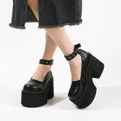 Gdgydh Spring Womens Mary Jane Lolita Chunky Heeled High Platform Pumps Ankle Buckle Strap Round Toe Goth Heels Plus Size