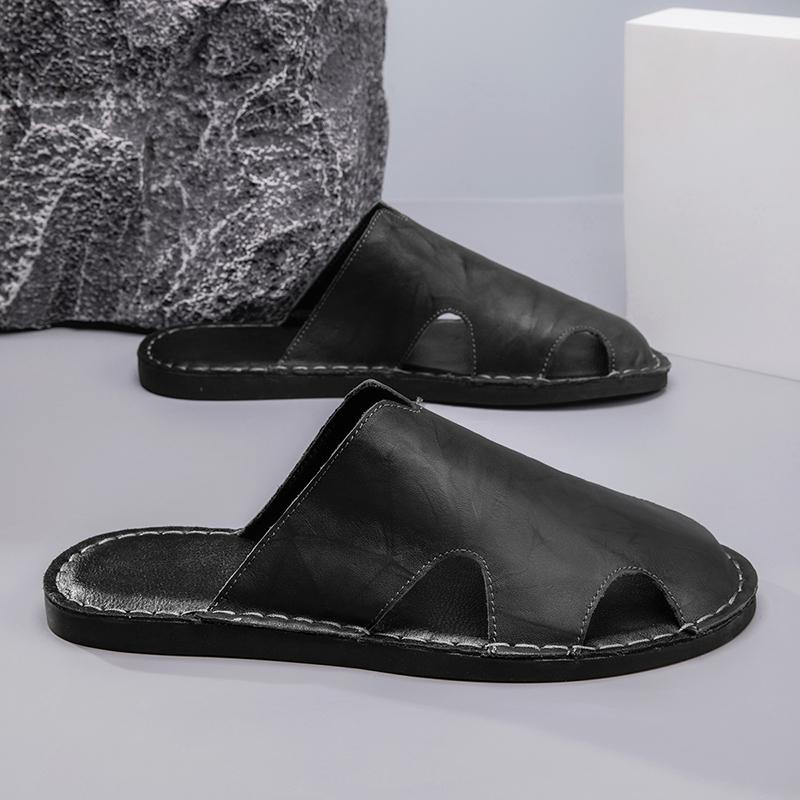 Men Slippers Handmade Simple Flats Brown Leather Sandals Black Summer Roman Sandals Closed Toe Beach Shoes Plus Size