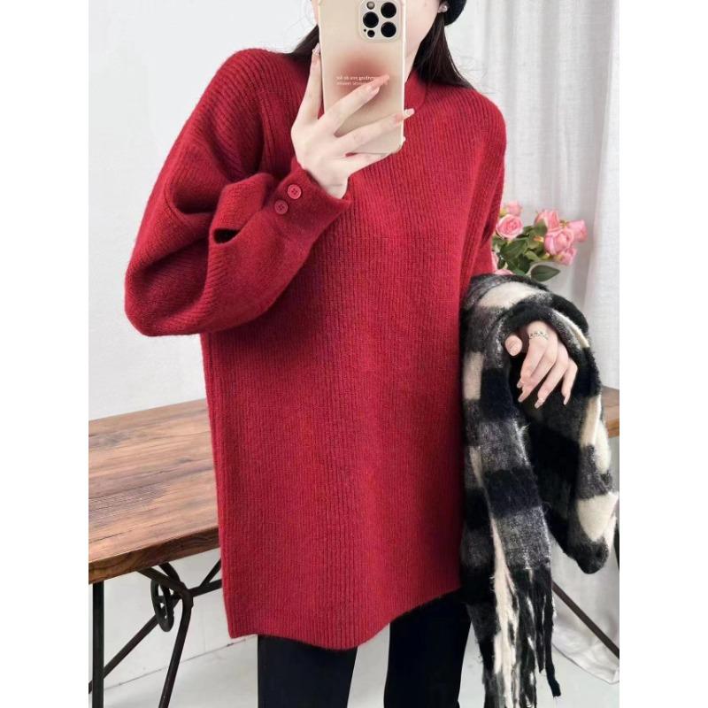 Lazy wind thickened loose cuffs button-knitted pullover sweater for women's autumn and winter medium and long inner top for women