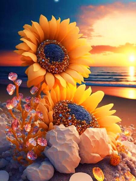 Diamond Painting Full Drill Sunflower Bicycle Home Decor Embroidery Mosaic Sunset Seaside Landscape Crystal Wall Sticker