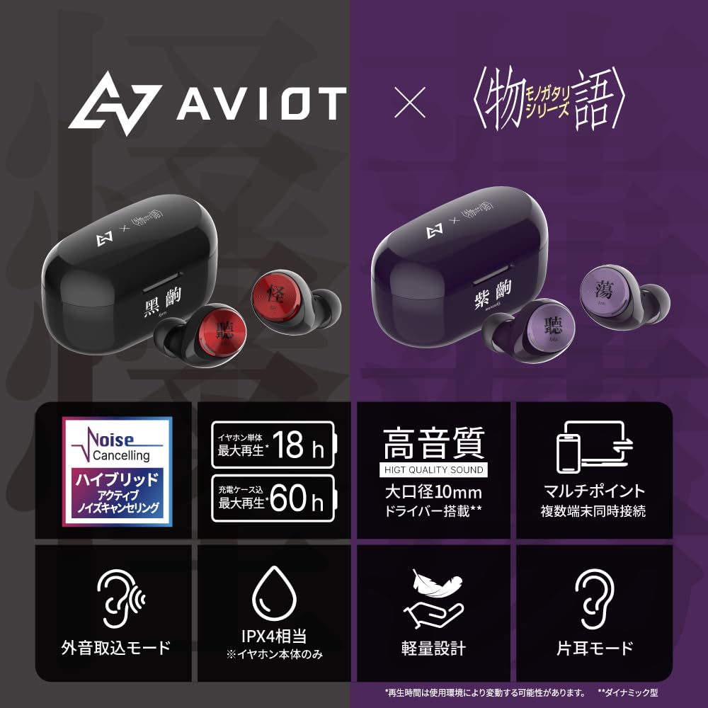 AVIOT Monogatari Series Collaboration Wireless Earbuds with Over 190 Special Special Hybrid Noise Up to 60 Hours of and IPX4 Waterproofing Voices,