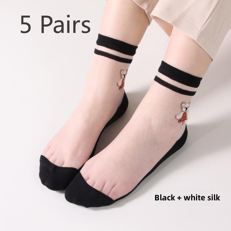 

5 Pairs Spring and Summer Cool Breathable Crystal Stockings Bear Glass Stockings for Women 5 Pairs белый/чёрный