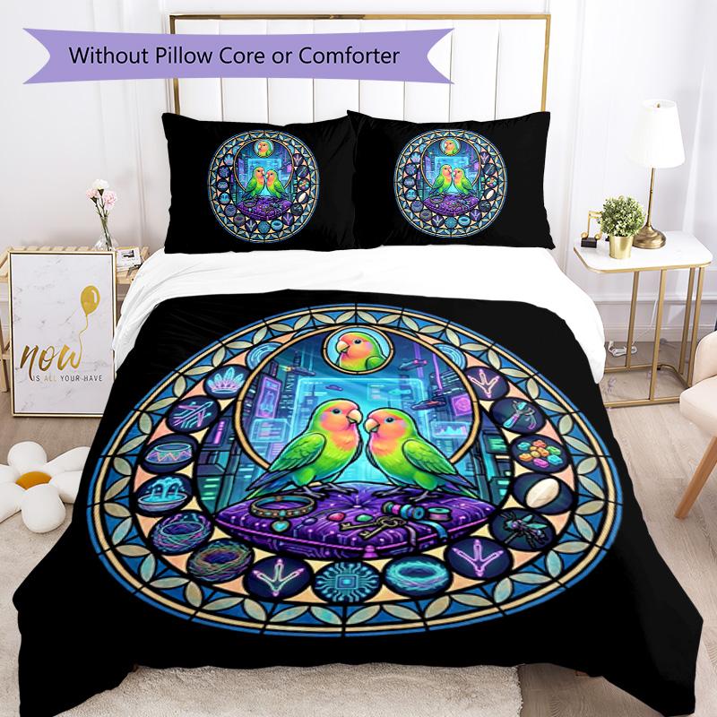 Cybernetic Parrot Window Pattern Bedding,Quilt Set Quilt Cover Pillowcase Home Birthday Gift (1 * duvet cover + 2 * pillowcase, without core)