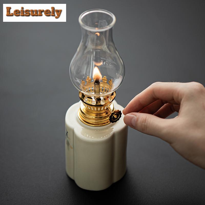 Hand-painted Ceramic Butter Lamp Camping Atmosphere Home Tealight Kerosene Chinese Tea Room Creative Decoration Ornament Crafts
