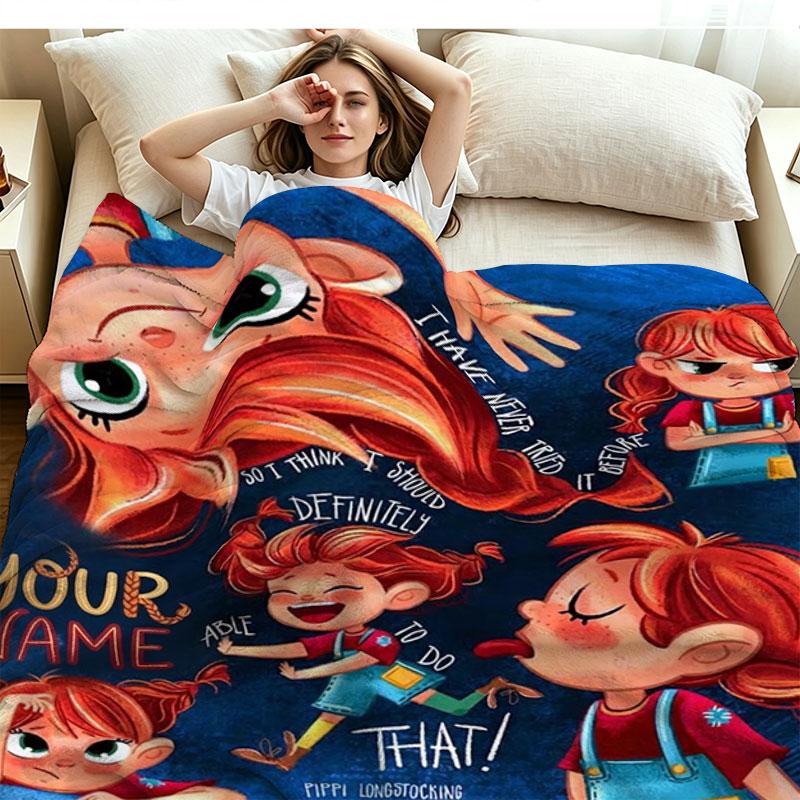 1PC Pippi Longstocking Custom Name Patterned Flannel Blanket Suitable For All Seasons for Home Decor Warmth and Comfort Gifts Holiday Present