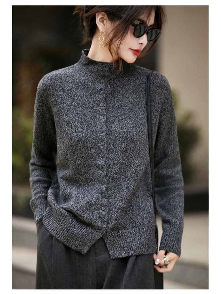 Women's Flecked Knit Stand-up Collar Cardigan - Autumn/Winter Long Sleeve Sweater Coat