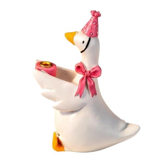 Portacandele Anatra Topper per Torta, Carina Statuetta Anatra in Resina con Fiocco e Cappello da Festa, Foro Metallo per Candela, Piccola Statua Anatra per Torta di Compleanno Tavolo