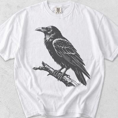 Stencil Perched Raven Shirt, Linocut Print Graphic Tee, Comfort Colors Cotton