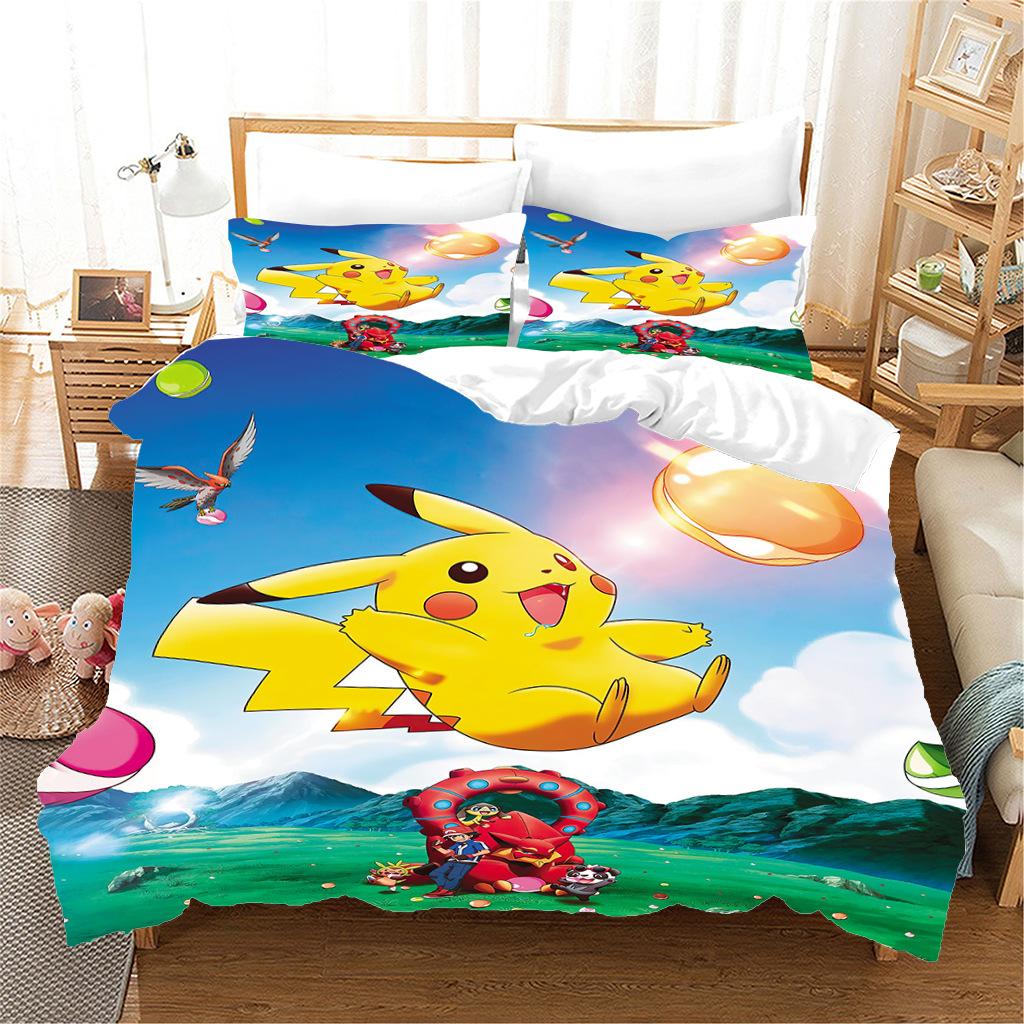 Anime P-Pokémon Printed Bedding Set New Ash Ketchum Pikachu Duvet Cover Comforter Pillowcase Boys Girls Children Adults King Gif