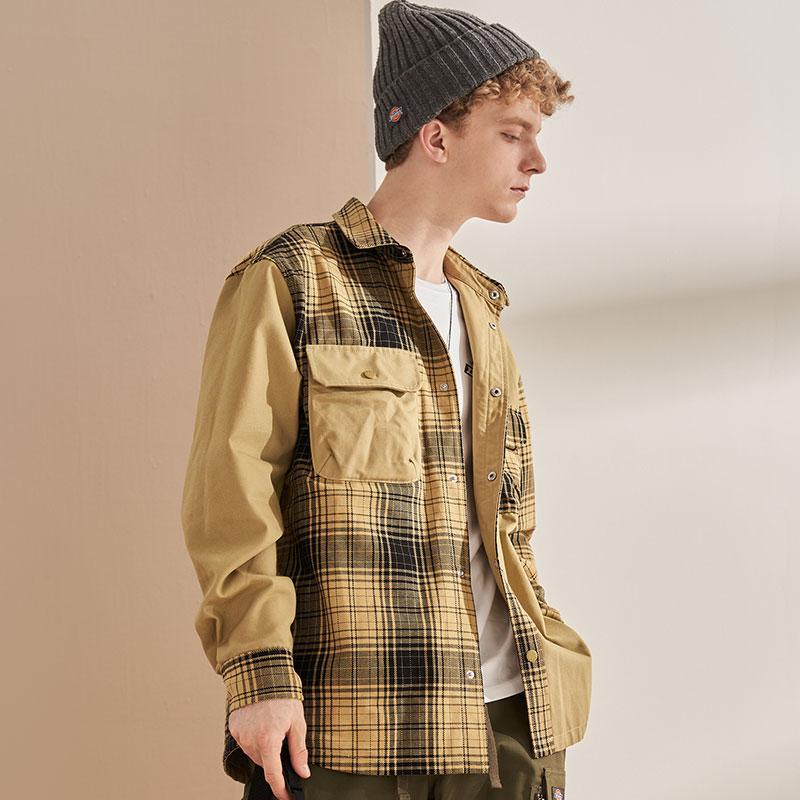 Dickies Melard Reversible Embroidered Patch Color Block Plaid Long Sleeve Shirt Men shirts DK009452KHK
