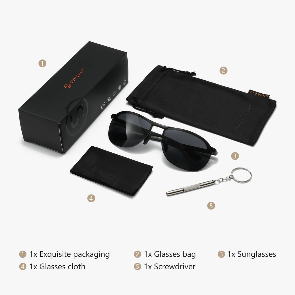 SUNGAIT Aviator Polarized Sunglasses for Driving and Alloy Temple Spring JP Men, Golf, Al-Mg Hinges, UV400, SGT302-HH