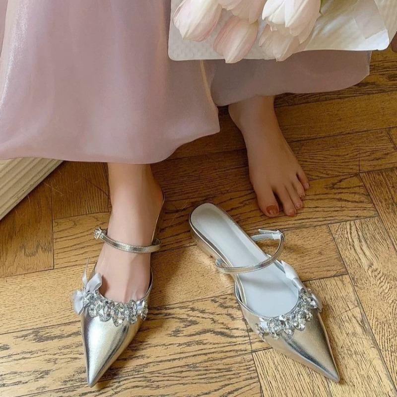 Pointed Rhinestone Inside Heightening Baotou Sandals Women's Summer New Shallow Mouth with Skirt Back Air Heel Shoes