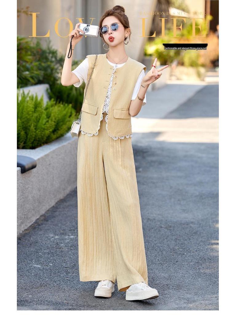 Summer 2025 Women's Age-Defying Three-Piece Set: Stylish Vest, Base Shirt, Wide-Leg Pants - RX9228
