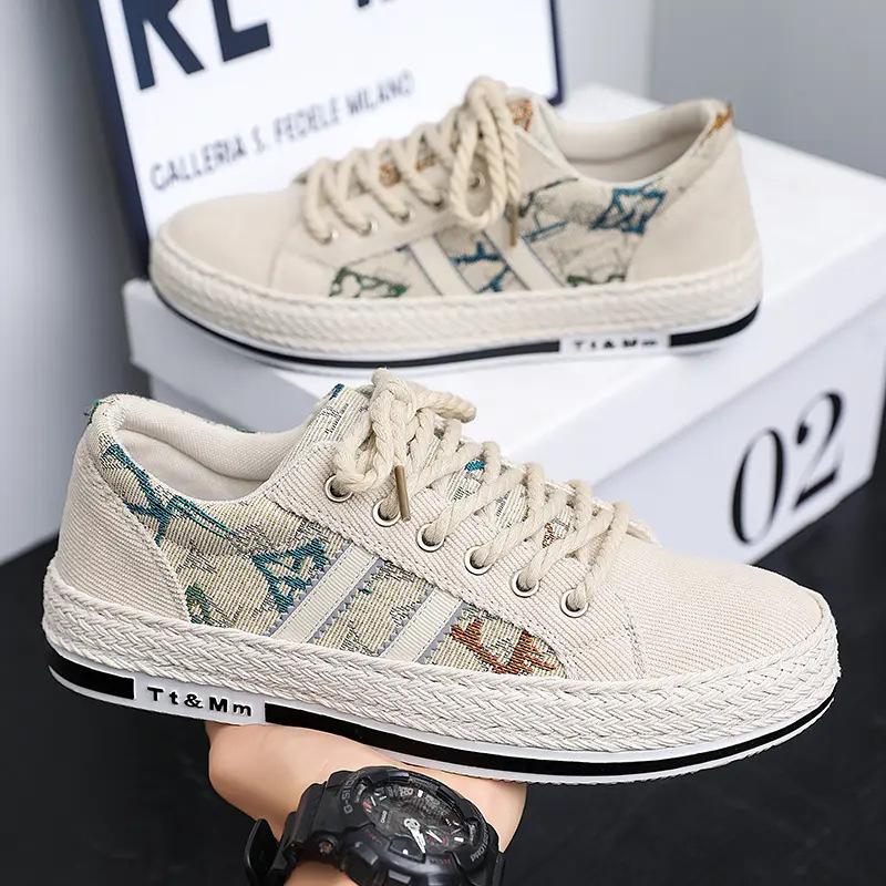 

Men s Shoes Casual Sneakers 2025 Spring New Trendy Korean Lace-Up Comfortable Non Slip Canvas Student Skateboard Shoes 39 бежевый