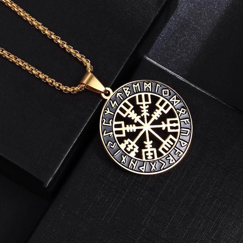 Stainless Steel Vintage Nordic Rune Compass Necklace Men Fashion Trend Amulet Nordic Jewelry
