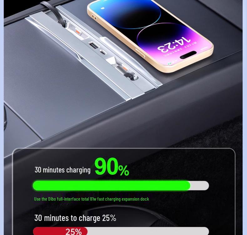 Příslušenství pro osvěžení modelu Tesla 3/Y, výsuvný dok s rychlonabíjením PD pro středovou konzoli.