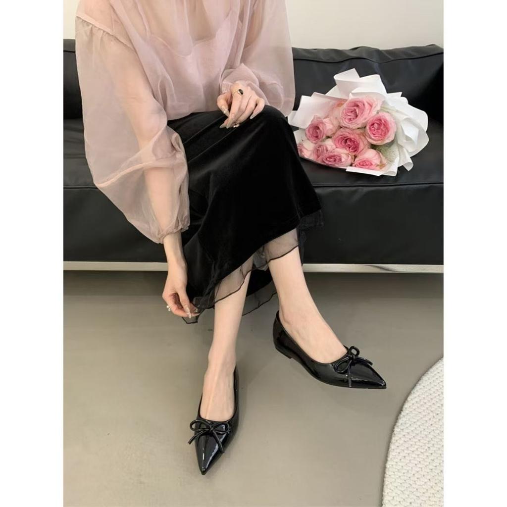 Temperament Gentle Shoes New Bow Inner Height Increase Shallow Mouth Women's Flat Shoes Pointed French Single Shoes
