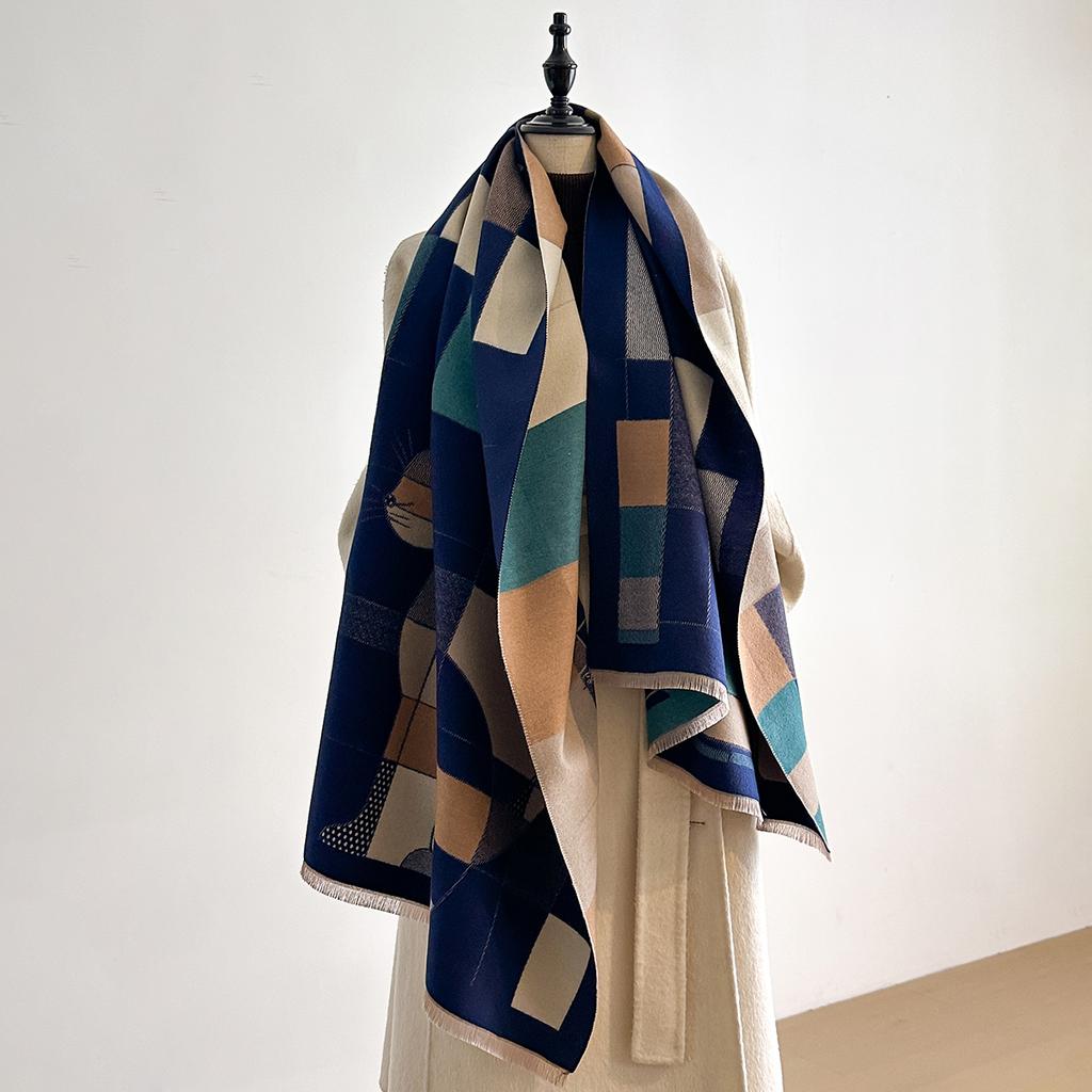 Luxuriöser Winterschal für Damen Faux-Kaschmir Warm Geometrischer Katzen-Print Pashmina Dick Weich Stola Wickeltuch Damenmarke Foulard Bufanda