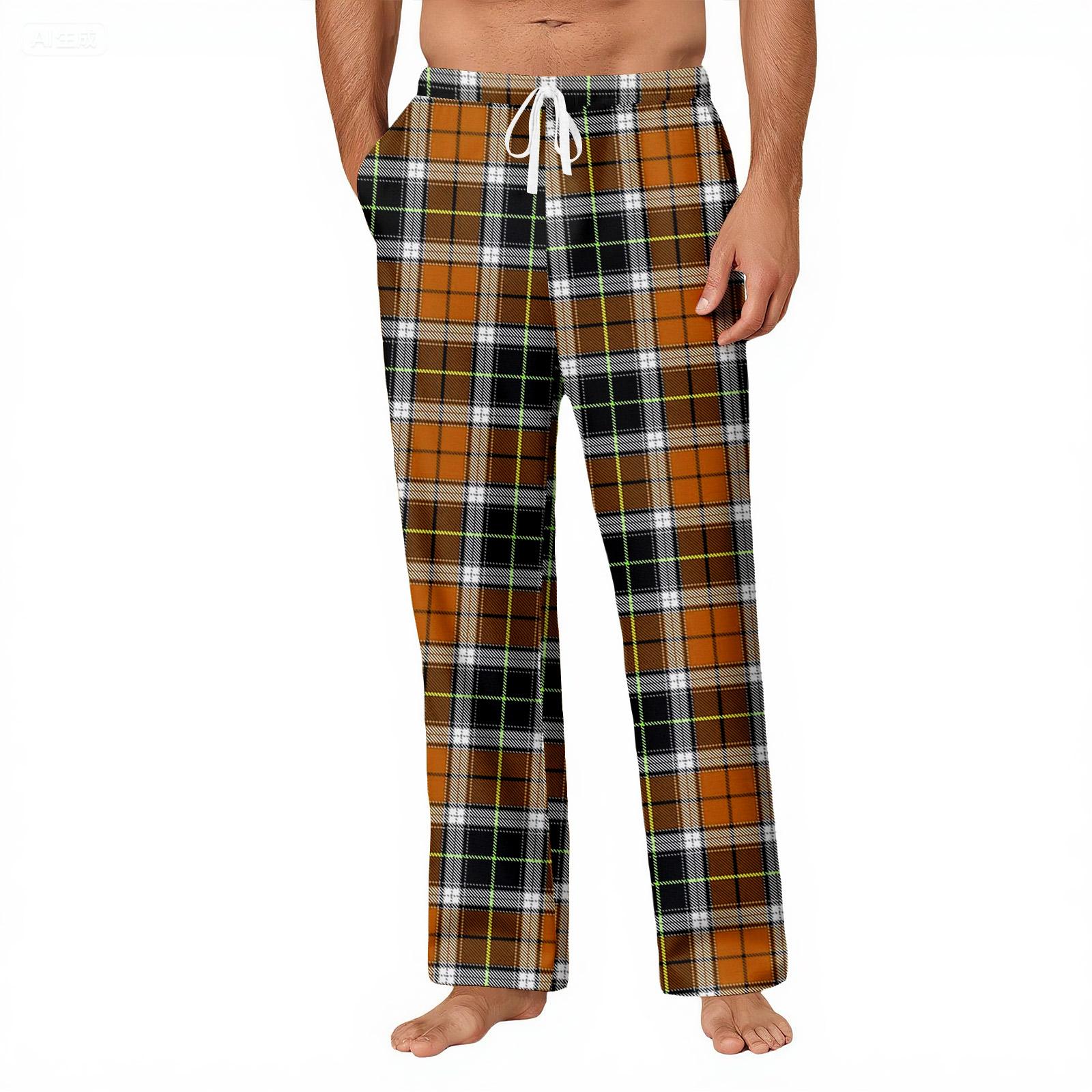 

Men s Striped Plaid Print Pocket Casual Pants Home Pajama Pants M коричневий