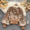 Women Coat Cardigan Single-breasted Long Sleeves Flower Elegant Keep Warm Elastic Cuff