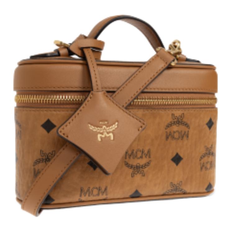 MCM Visetos Cognac-Leder Kosmetiktasche Crossbody-Tasche mit goldener Hardware für den täglichen Gebrauch & Reisen