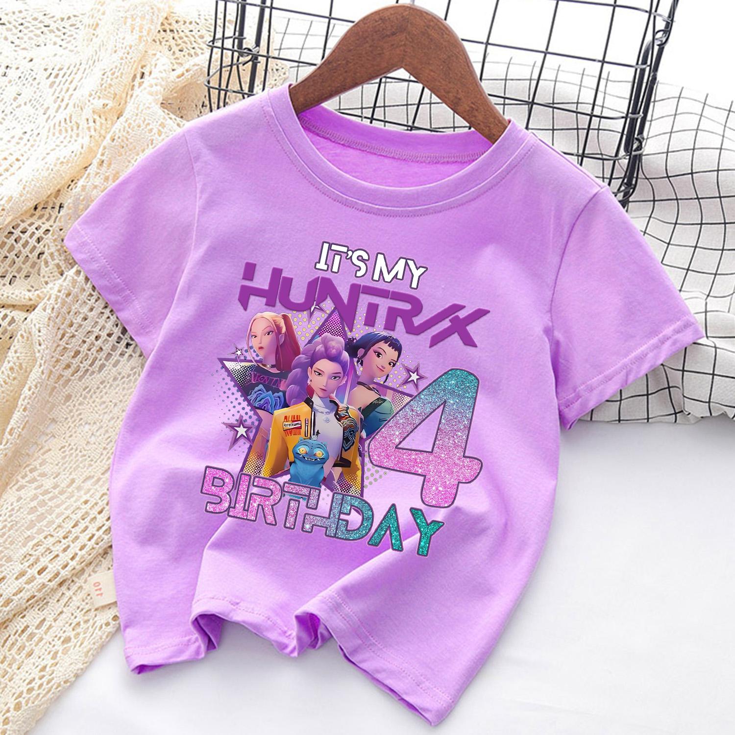 

KPop Demon Hunters T-shirt for Children Birthday Figure Tee Top Girls Boy Purple Clothes Cartoon Short Sleeve Kids Clothing Gift 130