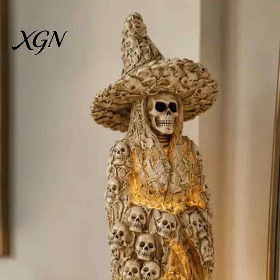 Spooky Witch Table Centerpiece Skull Figurine, Resin Skeleton Ornament, Gothic Creepy Halloween Decoration Statue for Tabletop Mantel Fine Carved